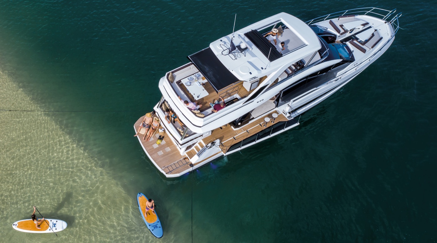 Aerial view of the 640 FLY with guests across its decks