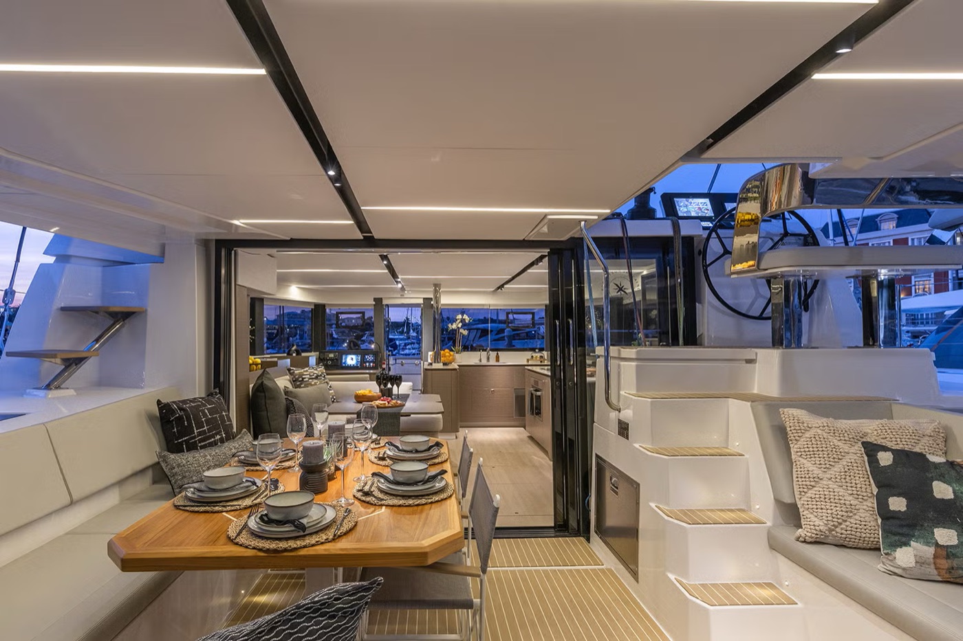 Leopard 46 aft cockpit dining at dusk