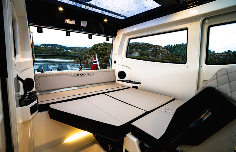 C30 lower cabin berth with ambient LED lighting and hull-side windows